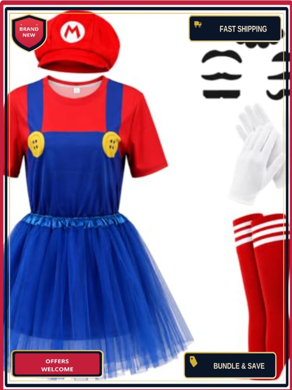 Plumber Costume Set Halloween Cosplay T-Shirt Hat Skirt Gloves Socks Adult